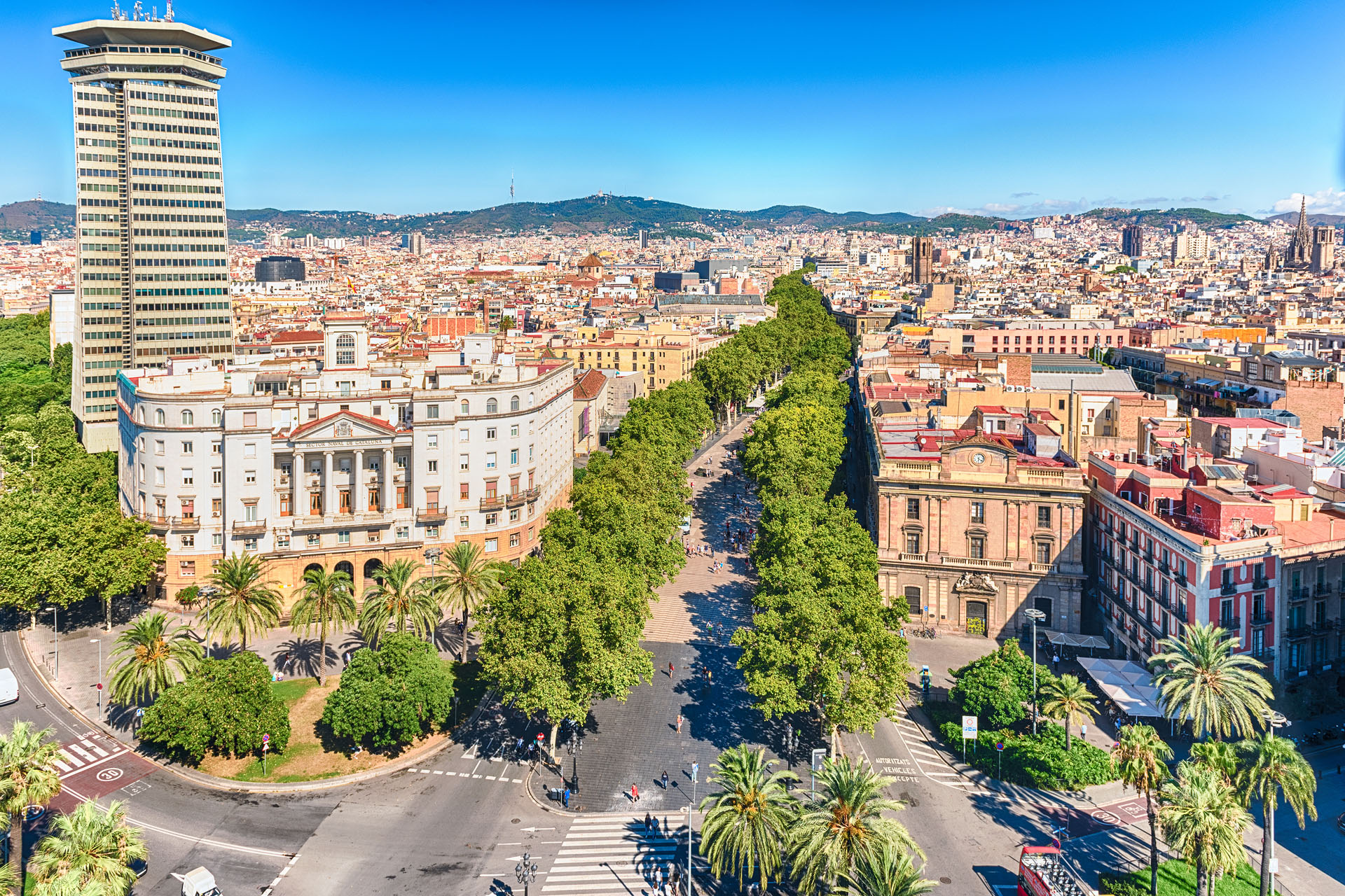 Scenic aerial view of La Rambla, tree-lined pedestrian mall and popular tourist sight in Barcelona, Catalonia, Spain