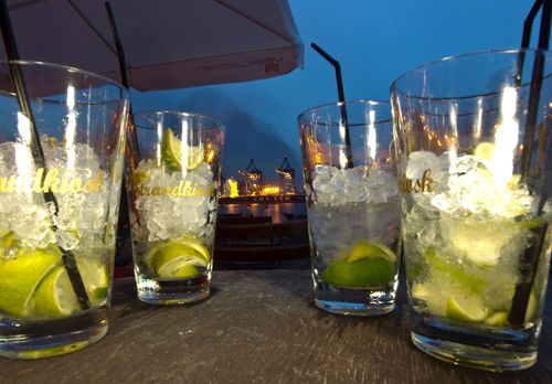 Drinks at the bar and restaurant Strandperle at the beach Ovelgonne on the river Elbe in Hamburg, Germany.