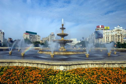 Palace of Parliament and fountain on Piata Uniri, Bucharest, Romania